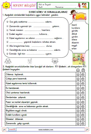 2. Sınıf Hayat Bilgisi Evdeki Görev  ve Sorumluluklarımız Etkinliği